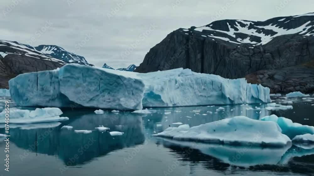 Icebergs and frozen glaciers in the Arctic nature landscape on Greenland. Impacts of climate change and global warming.