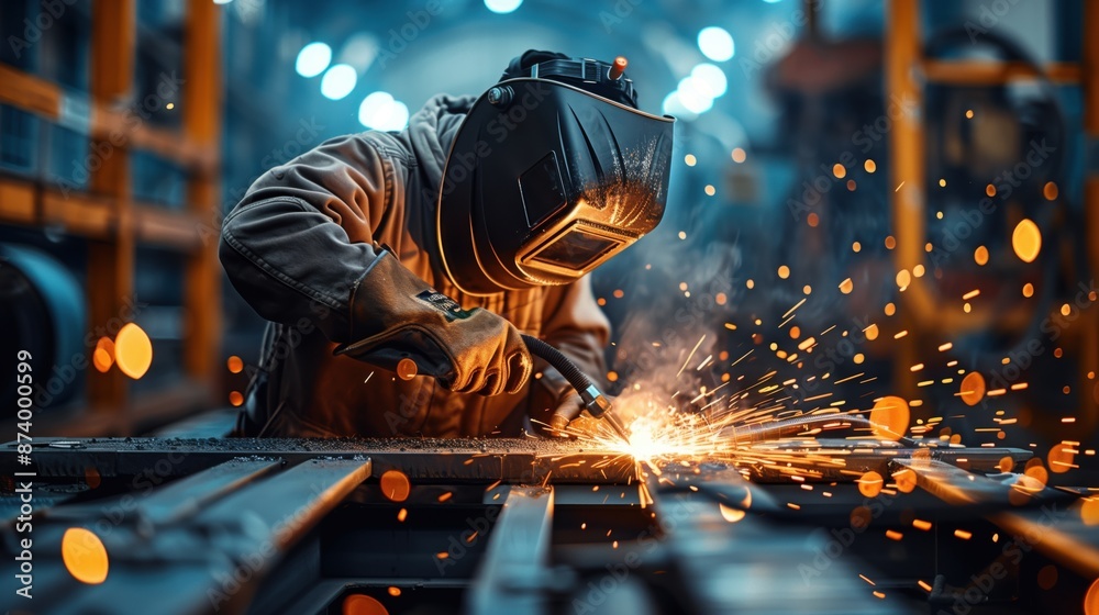 Welder Working with Metal Sparks Flying. Welder wearing protective gear works on metal in a factory, with bright orange sparks flying around. Welder Working with Metal Sparks Flying. Welder wearing protective gear works on metal in a factory, with bright orange sparks flying around.