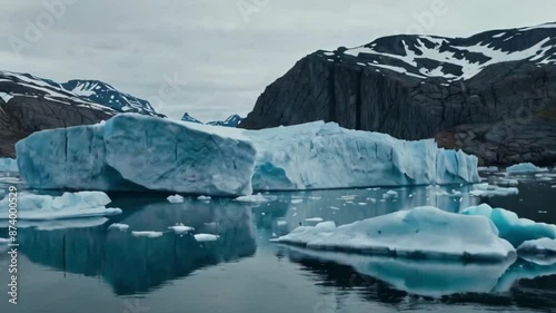 Icebergs and frozen glaciers in the Arctic nature landscape on Greenland. Impacts of climate change and global warming.