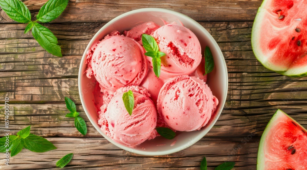 Bowl with scoops of watermelon ice cream on a wooden table, top view. Food still life composition.
