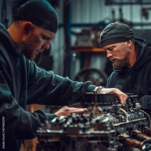 men rebuilding a V8 engine in a black black hoodie