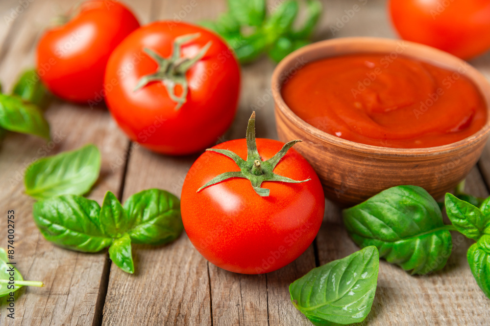 Fresh cherry tomatoes and fresh green basil on a textured background. Tomato sauce. Vegan. Ingredients for salad. Organic food. Place for text. Copy space. Fresh cherry tomatoes and fresh green basil on a textured background. Tomato sauce. Vegan. Ingredients for salad. Organic food. Place for text. Copy space.