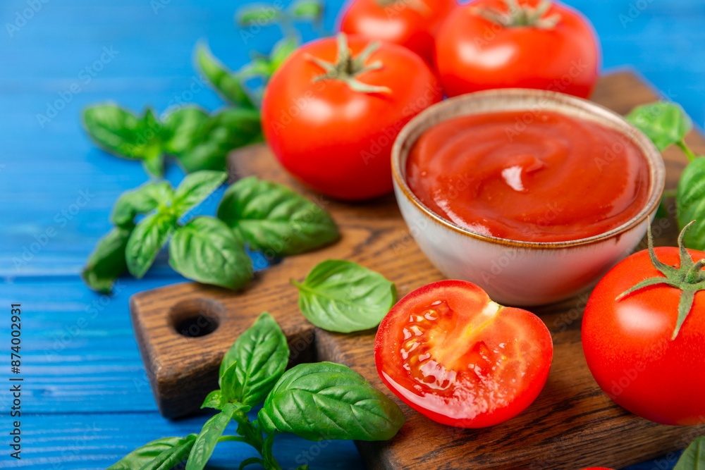 Fresh cherry tomatoes and fresh green basil on a textured background. Tomato sauce. Vegan. Ingredients for salad. Organic food. Place for text. Copy space. Fresh cherry tomatoes and fresh green basil on a textured background. Tomato sauce. Vegan. Ingredients for salad. Organic food. Place for text. Copy space.
