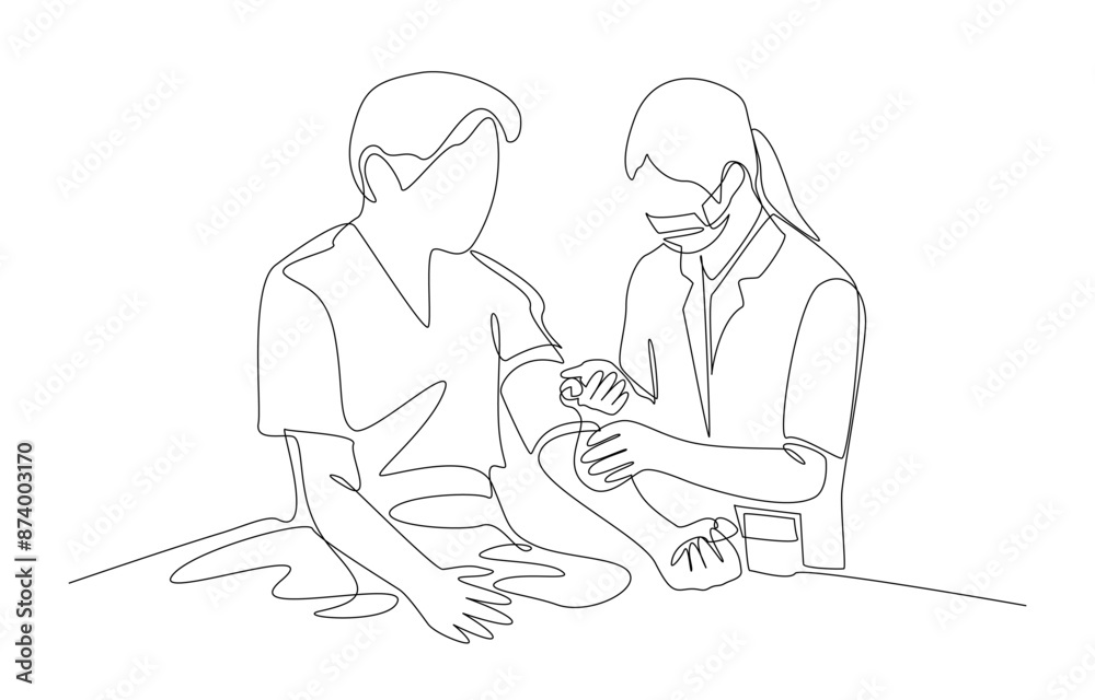 Continuous one line drawing of nurse measure blood pressure for patient, medical checkup concept, single line art. Continuous one line drawing of nurse measure blood pressure for patient, medical checkup concept, single line art.