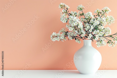 Elegant white vase with flowers, peach wall background, minimalist modern living room design, stylish and simple.