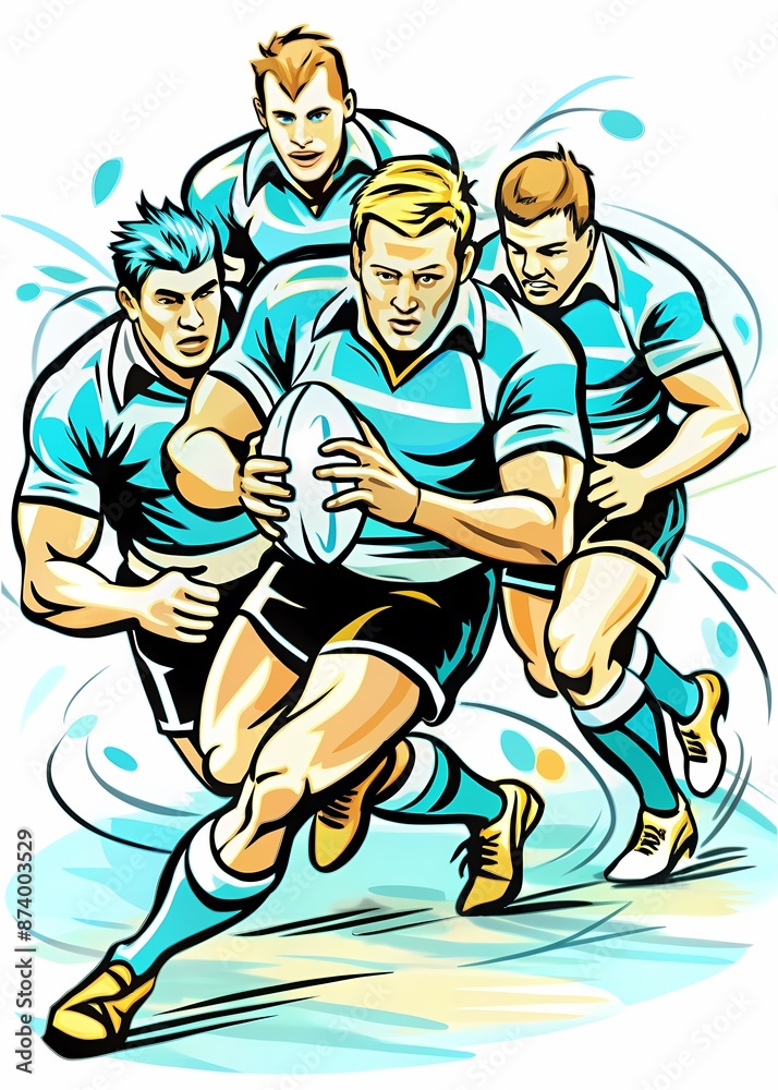 Fototapeta premium Rugby Players in Intense Match Action, perfect for sports magazines, rugby training guides, promotional materials for rugby clubs, or motivational content for athletes.