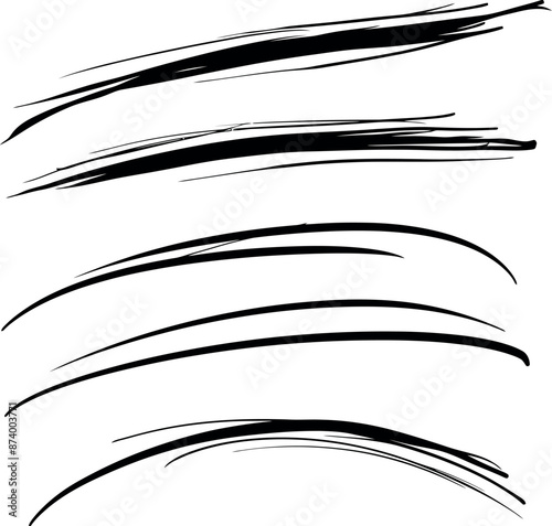 Array of black brush stroke lines, perfect for creative, design, or decoration.
