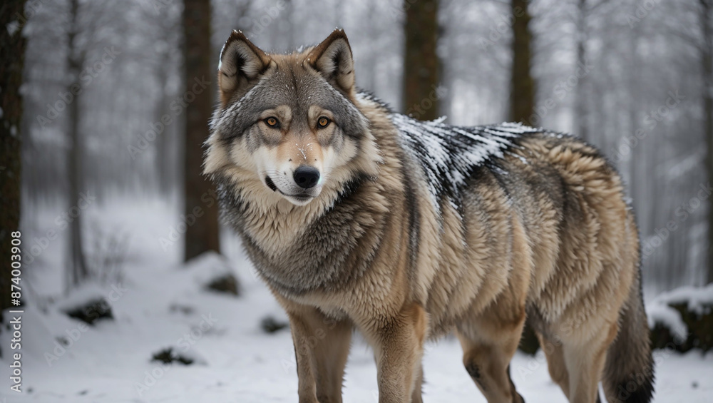 The image is of a grey wolf standing in a snowy forest. It is looking directly at the camera.
The image is of a grey wolf standing in a snowy forest. It is looking directly at the camera.