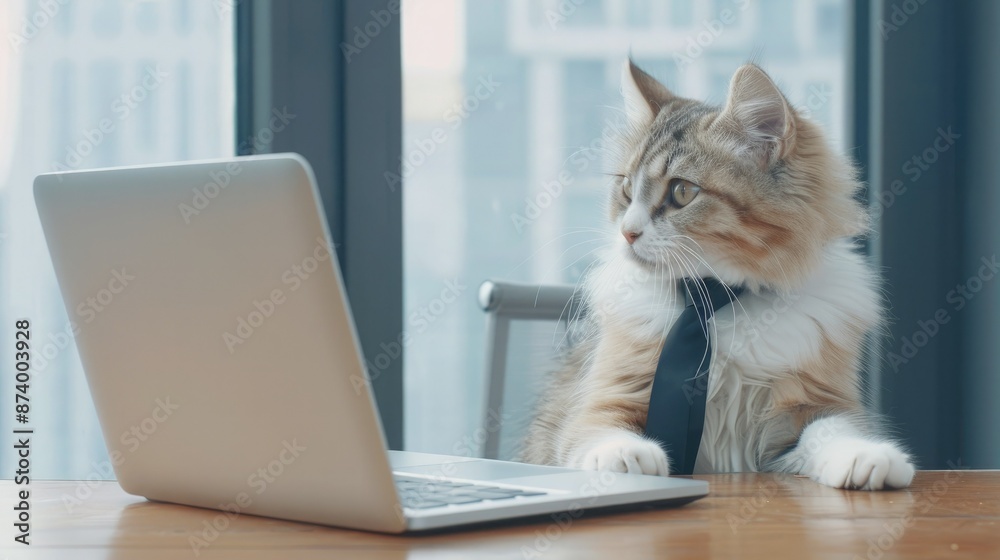 A Feline's Focus: Cat in Tie Works at Laptop A Feline's Focus: Cat in Tie Works at Laptop