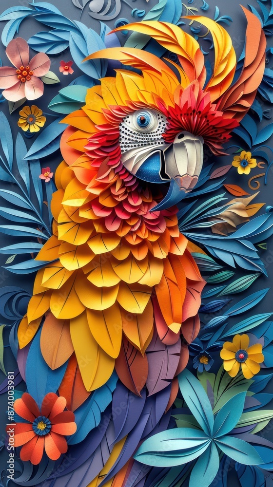 Naklejka premium Vibrant paper cut of a colorful parrot.