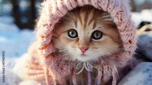 Wallpaper Mural Cute kitten in a pink knitted hat outdoors in winter Torontodigital.ca