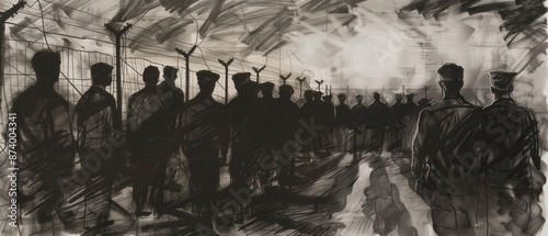 Graphite and style chalk drawing depicting a World War II prisoner of war (POW) camp. It shows silhouetted prisoners, capturing the historical essence of wartime scenes. 