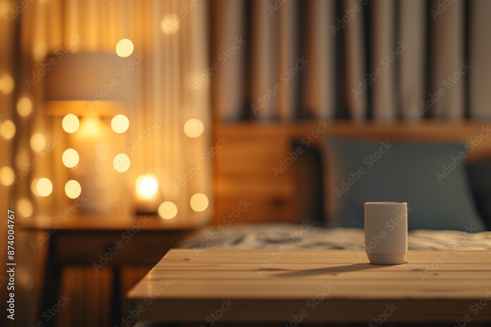 Table-top view of beside table or nightstand on blurred cozy night Table-top view of beside table or nightstand on blurred cozy night