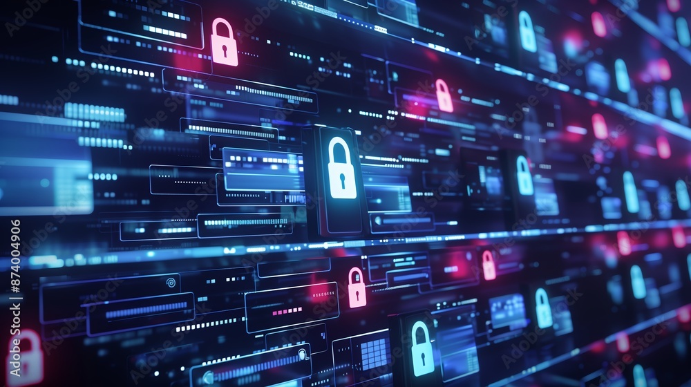 Fototapeta premium Locked Data Files, screen displaying a series of file icons lock symbol.