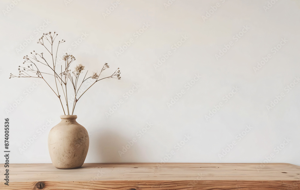 Photo of a vase with dried flowers on a wooden table against a white wall mockup, in a minimalistic style, studio shot.
Photo of a vase with dried flowers on a wooden table against a white wall mockup, in a minimalistic style, studio shot.