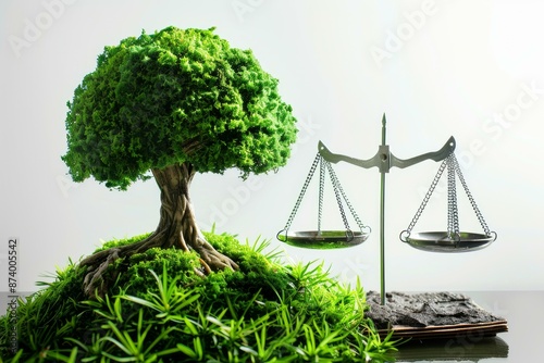Symbolic scales of justice with a green tree on one side, representing environmental law and protection