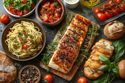 A beautifully grilled salmon fillet served alongside pasta and fresh vegetables, including tomatoes and leafy greens, arranged appealingly on a rustic wooden table. photo