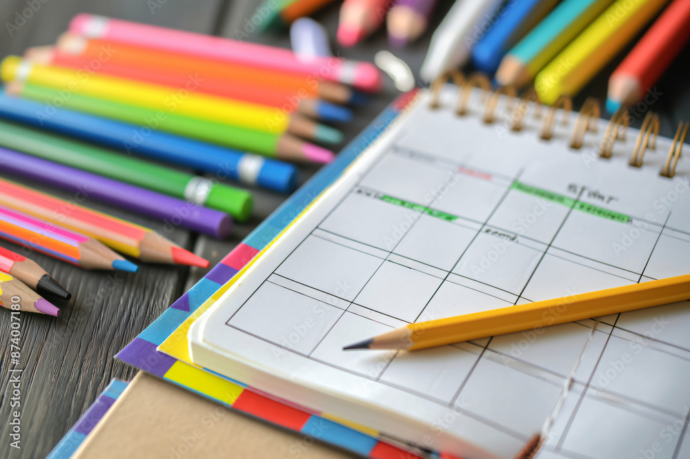 Fototapeta premium Open page of monthly planner with important date marked and yellow pencil lying on top, surrounded by colorful pencils on dark wooden desk
