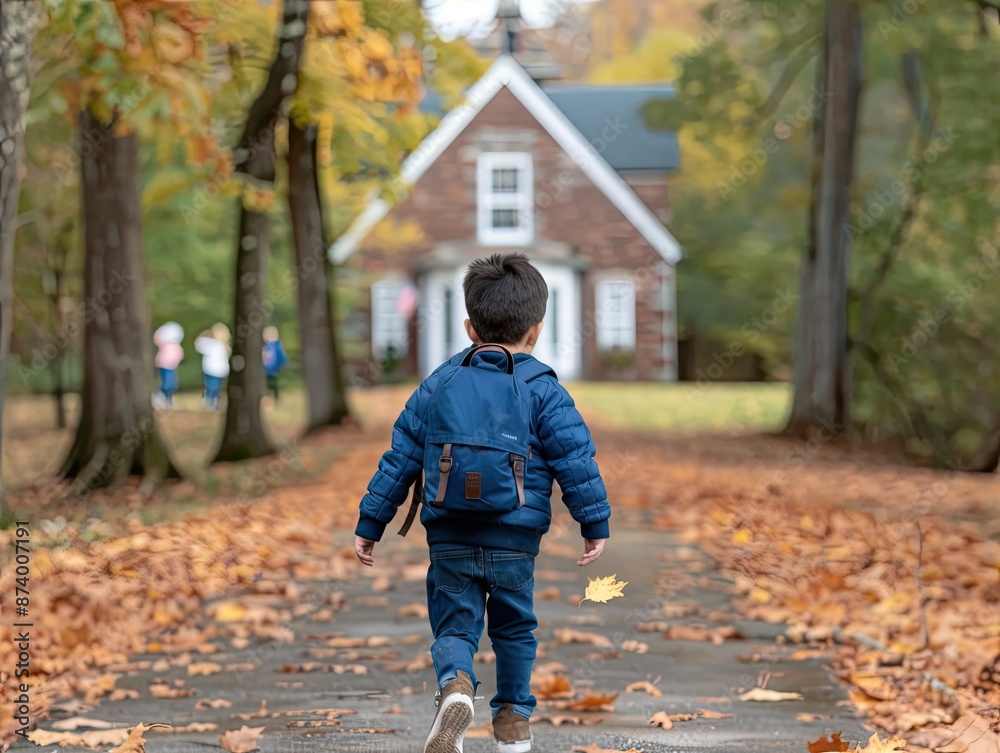 Fototapeta premium A Boy's Autumnal Journey to School