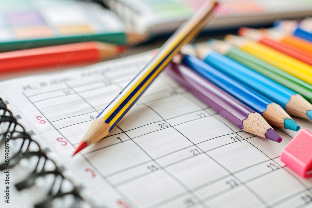 Single pencil is resting on a blank calendar page with a set of colored pencils out of focus in the background Single pencil is resting on a blank calendar page with a set of colored pencils out of focus in the background