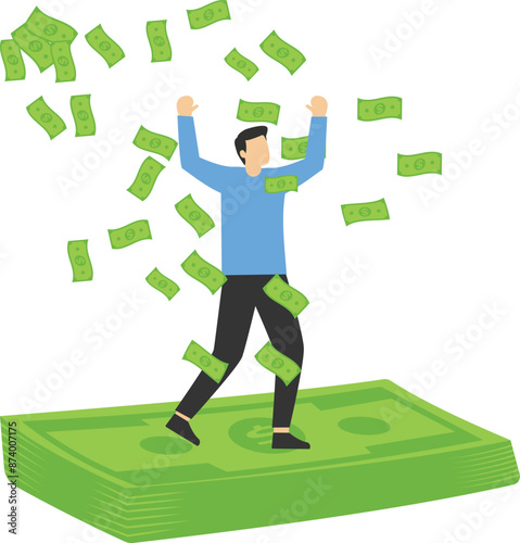 Success and wealthy fortune entrepreneur, investment profit and earning, FED stimulus monetary policy concept, happy businessman millionaire throw out pile of money banknotes flying into the air.

