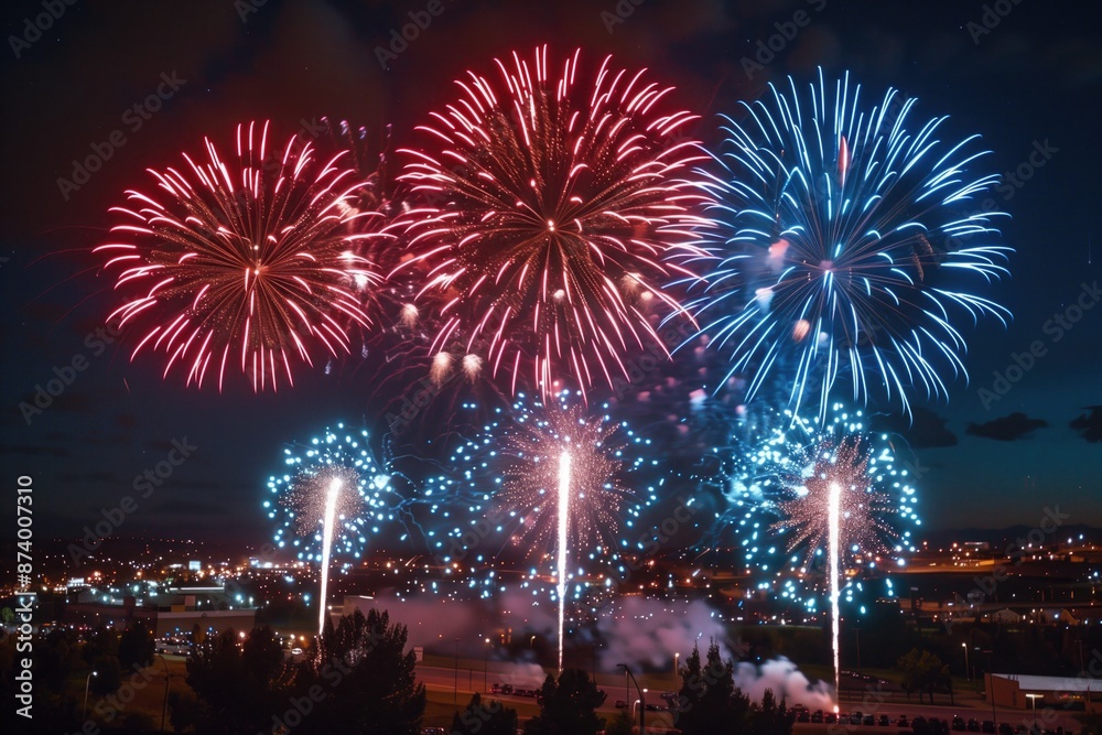 Brilliant fireworks light up the night sky in a dazzling display of red, white, and blue. Brilliant fireworks light up the night sky in a dazzling display of red, white, and blue.