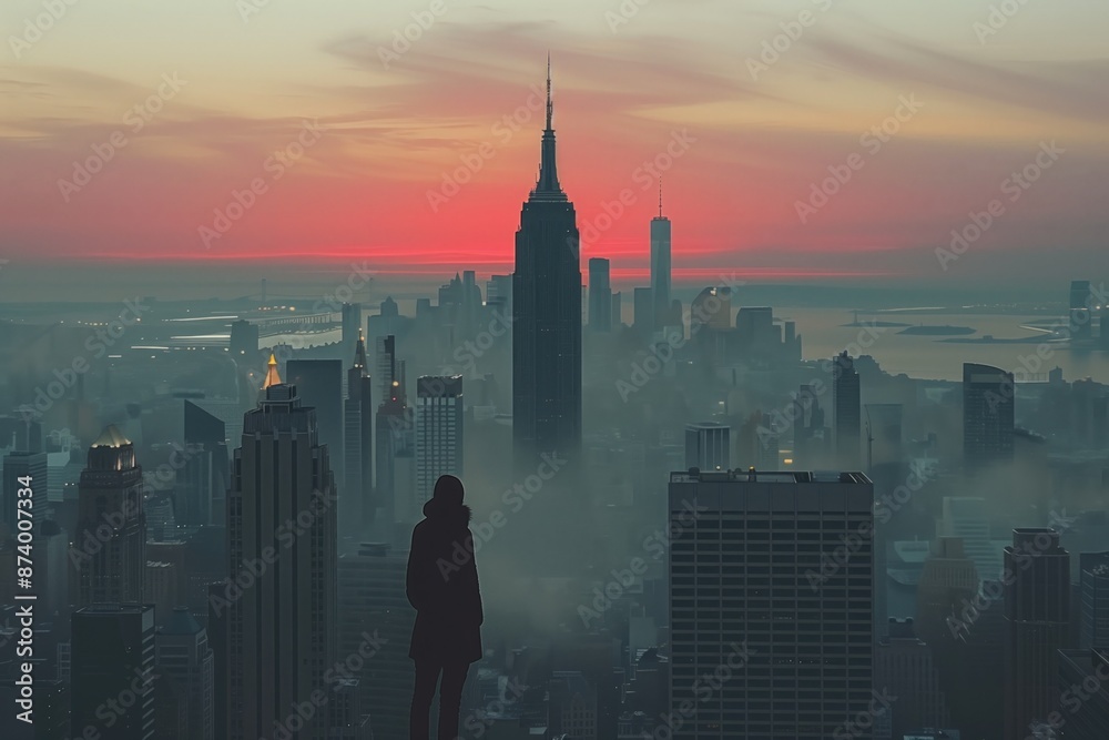 Obraz premium Minimalist city scape of New York, silhouette of the Empire state Building