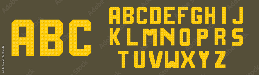 Creative and Colorful Building Block Letters. Brick Alphabet. Bold typography from blocks. Yellow ABC. Flat plates. Toys aesthetic. Kids style.