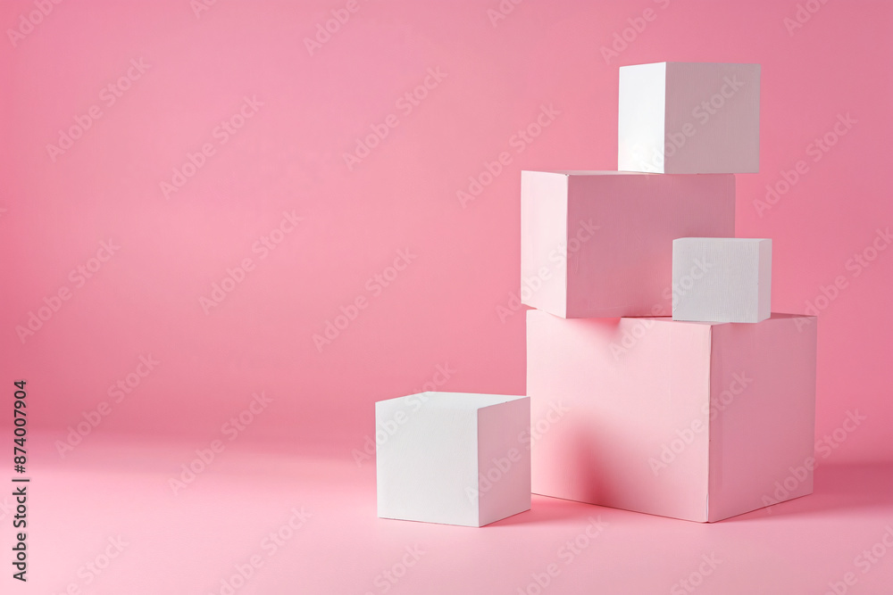 A minimalist composition of four white cubes on a pastel pink background, creating an elegant and clean display for product presentation or showcase with copy space.
A minimalist composition of four white cubes on a pastel pink background, creating an elegant and clean display for product presentation or showcase with copy space.