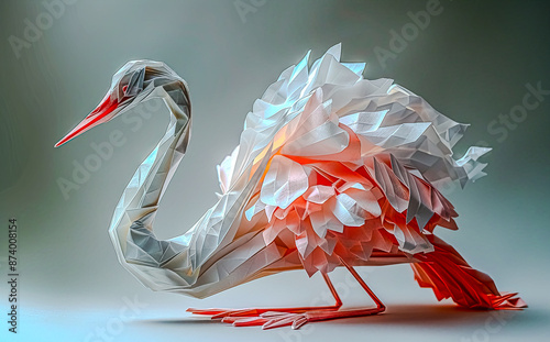 Illustration of a small swan made of origami colored paper in pastel colors