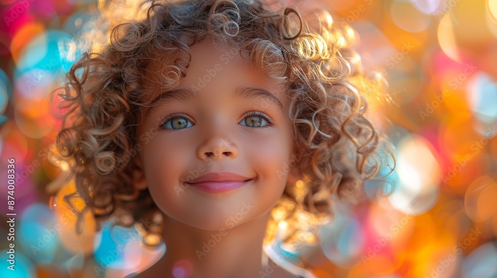 Portrait of a Happy Curly-Haired Child with Colorful Bokeh Background - Generative AI Portrait of a Happy Curly-Haired Child with Colorful Bokeh Background - Generative AI