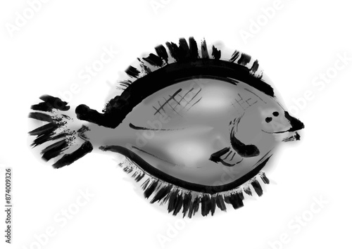 魚のカレイの手書き和風筆イラスト素材