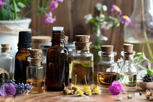 Glass bottles of essential oils with herbs and flowers on wooden surface for holistic therapy