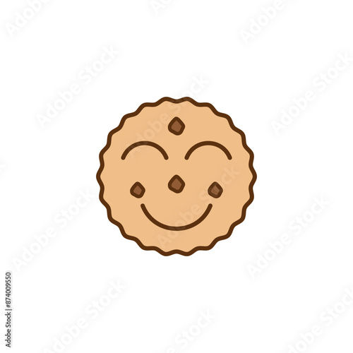 Cartoon round cookie icon with a face and a funny cute smile. Biscuit and cracker symbol. Colored vector illustration on white background.