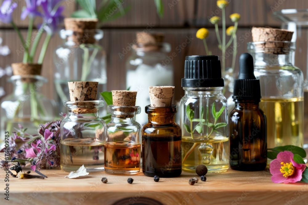 Variety of essential oil bottles amidst herbs and flowers on rustic wooden background Variety of essential oil bottles amidst herbs and flowers on rustic wooden background