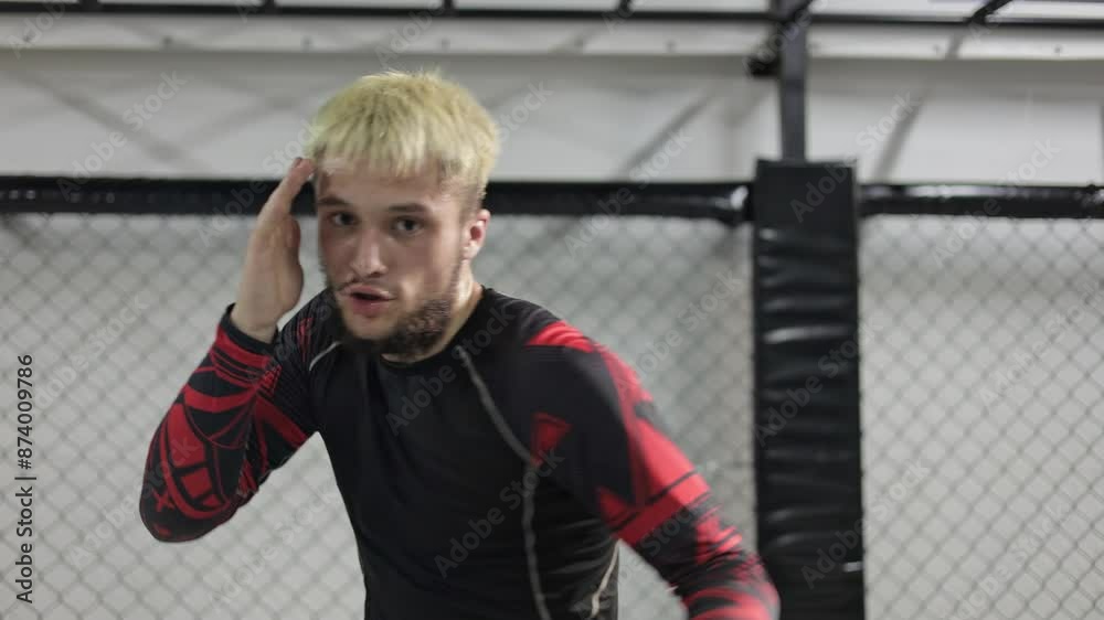 Front view fit guy with light hair in tight clothes performing high lever martial arts skill using arms and legs. Caucasian unshaved male exercising in gym with equipment for fighting organisation.
