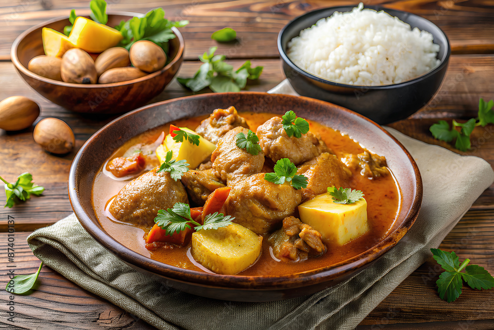 Massaman Curry with Chicken and Potatoes with cooked rice in a plate Massaman Curry with Chicken and Potatoes with cooked rice in a plate