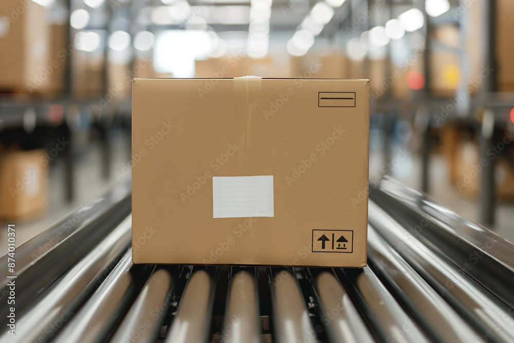 Conveyor belt in warehouse. Boxes with parcels move along conveyor belt. Conveyor belt in warehouse. Boxes with parcels move along conveyor belt.
