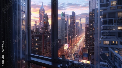 A view from an apartment window overlooking a bustling  street lined with modern high-rise buildings, the city alive with the glow of streetlights and neon signs at twilight.