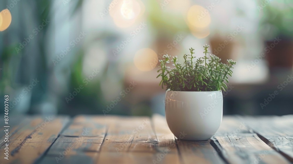 Small potted plant on a rustic wooden table Small potted plant on a rustic wooden table