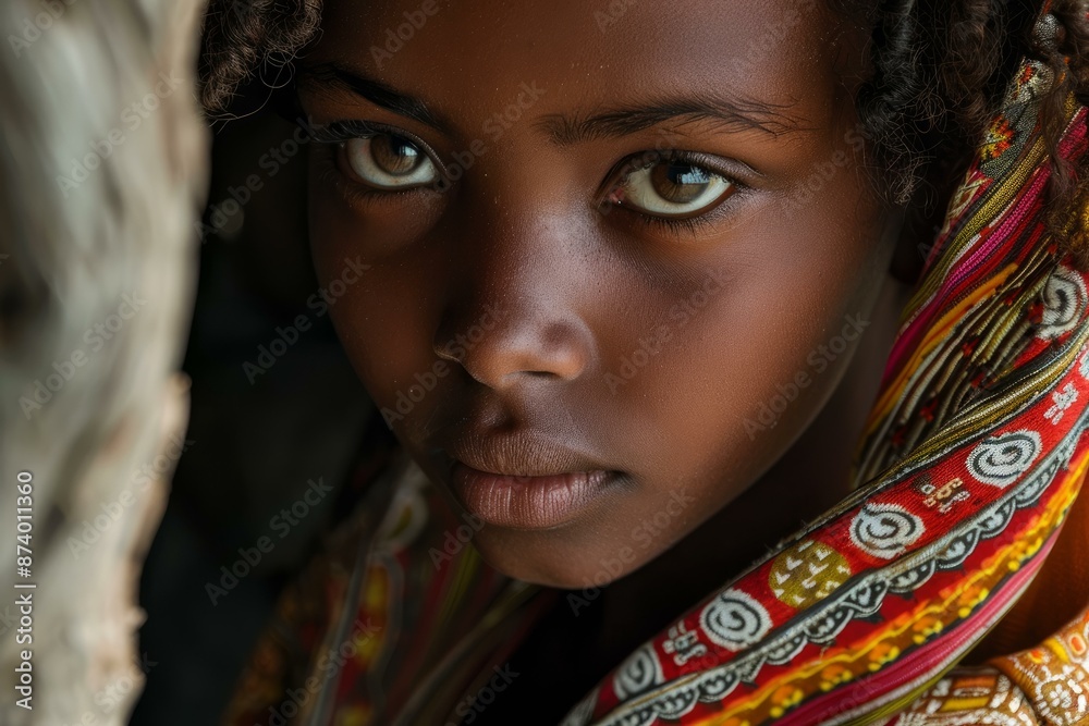 Closeup of a young girl with intense gaze, adorned in colorful traditional attire Closeup of a young girl with intense gaze, adorned in colorful traditional attire