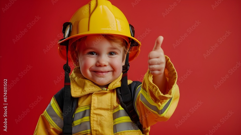 Adorable Smiling Firefighter Child Giving Thumbs Up on Bright Red Background Adorable Smiling Firefighter Child Giving Thumbs Up on Bright Red Background