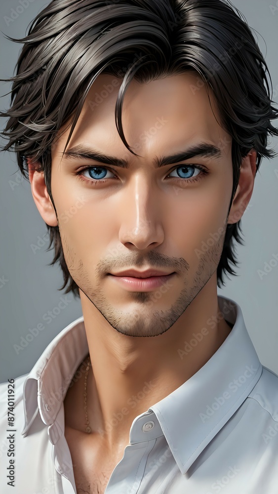 Close-up portrait of a handsome man with striking features and a confident expression, well-groomed, piercing eyes, captivating smile, anime style 