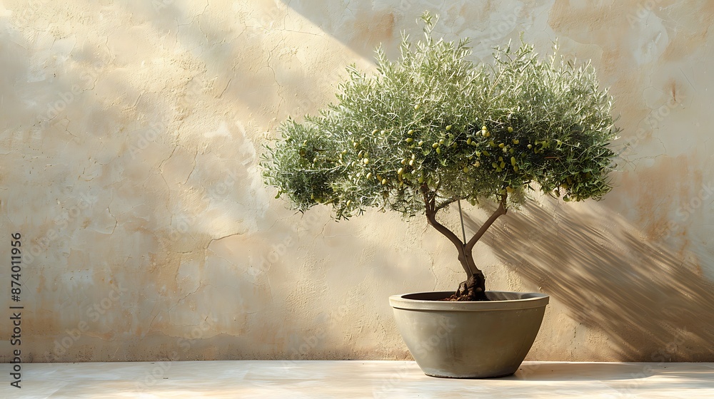 Elegant olive tree in a pot, set against a beige wall, minimalist decor for serene interiors. Elegant olive tree in a pot, set against a beige wall, minimalist decor for serene interiors.