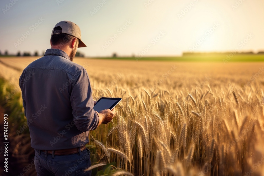 photograph of a man farmer with tablet working in wheat field. photograph of a man farmer with tablet working in wheat field.