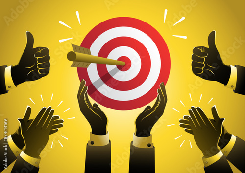 Businessman holding up a winning target. Business concept