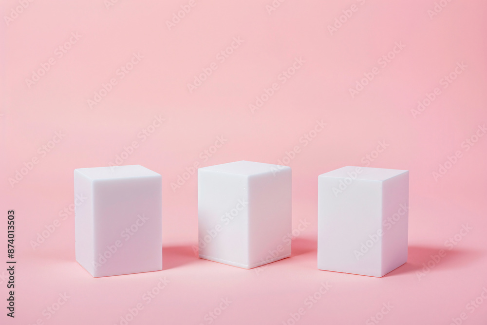 
A minimalist composition of four white cubes on a pastel pink background, creating an elegant and clean display for product presentation or showcase with copy space. 