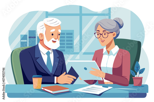 Two professional executives discussing financial accounting papers working together in office Mature business woman manager consulting older man client holding legal documents at meeting modern flat