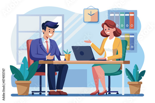 Two busy happy professional business people working in office with laptop computer Middle aged female executive manager talking to male colleague having conversation sitting at workplace modern flat