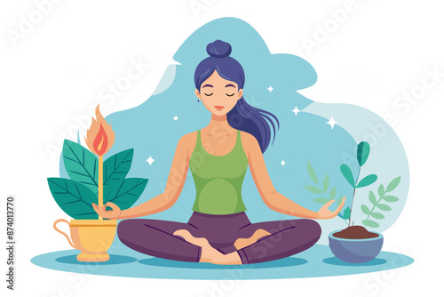 Yogi woman holding scented herbal stick in hand doing yoga breathing exercises Burning aromatic incense smoky stick with meditating lady close up background Aromatherapy smoke for healing practices